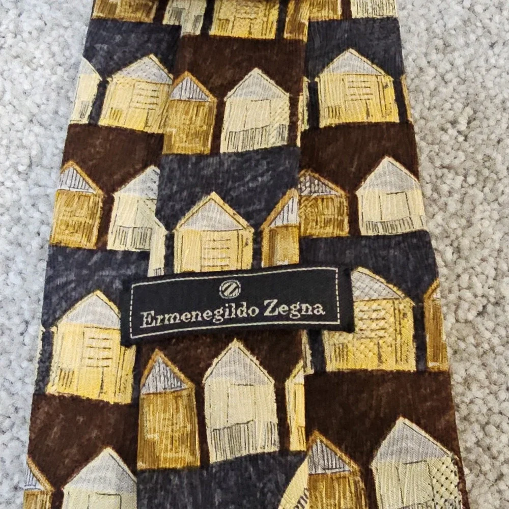 Ermenegildo‎ Zegna 100% Silk Tie Brown Gold Beach Hut Pattern Novelty Designer